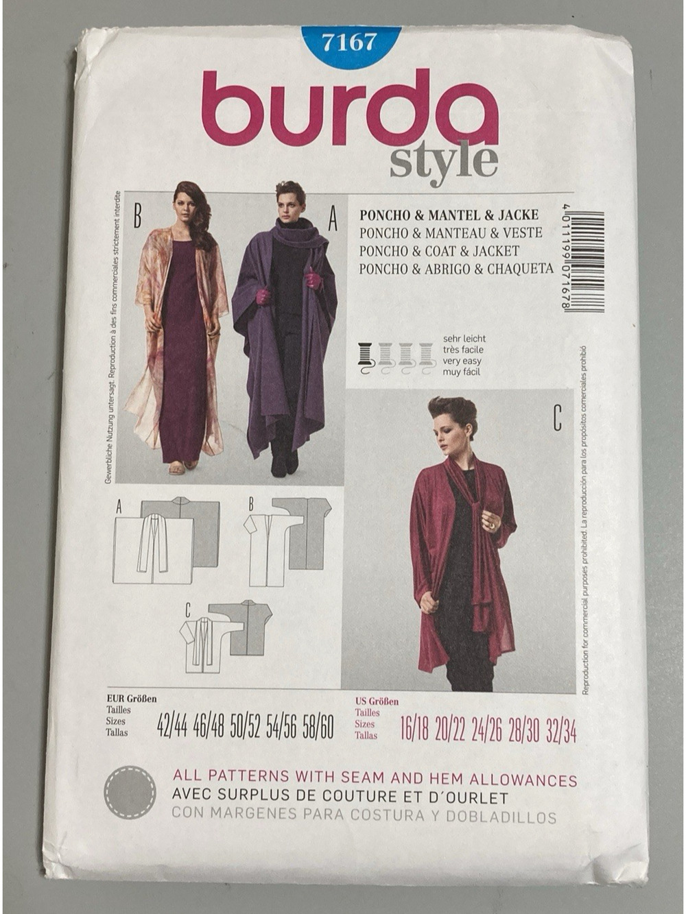 BURDA Sewing Pattern 7167 Misses Poncho, Coat and Jacket Size US: 16-34 UNCUT